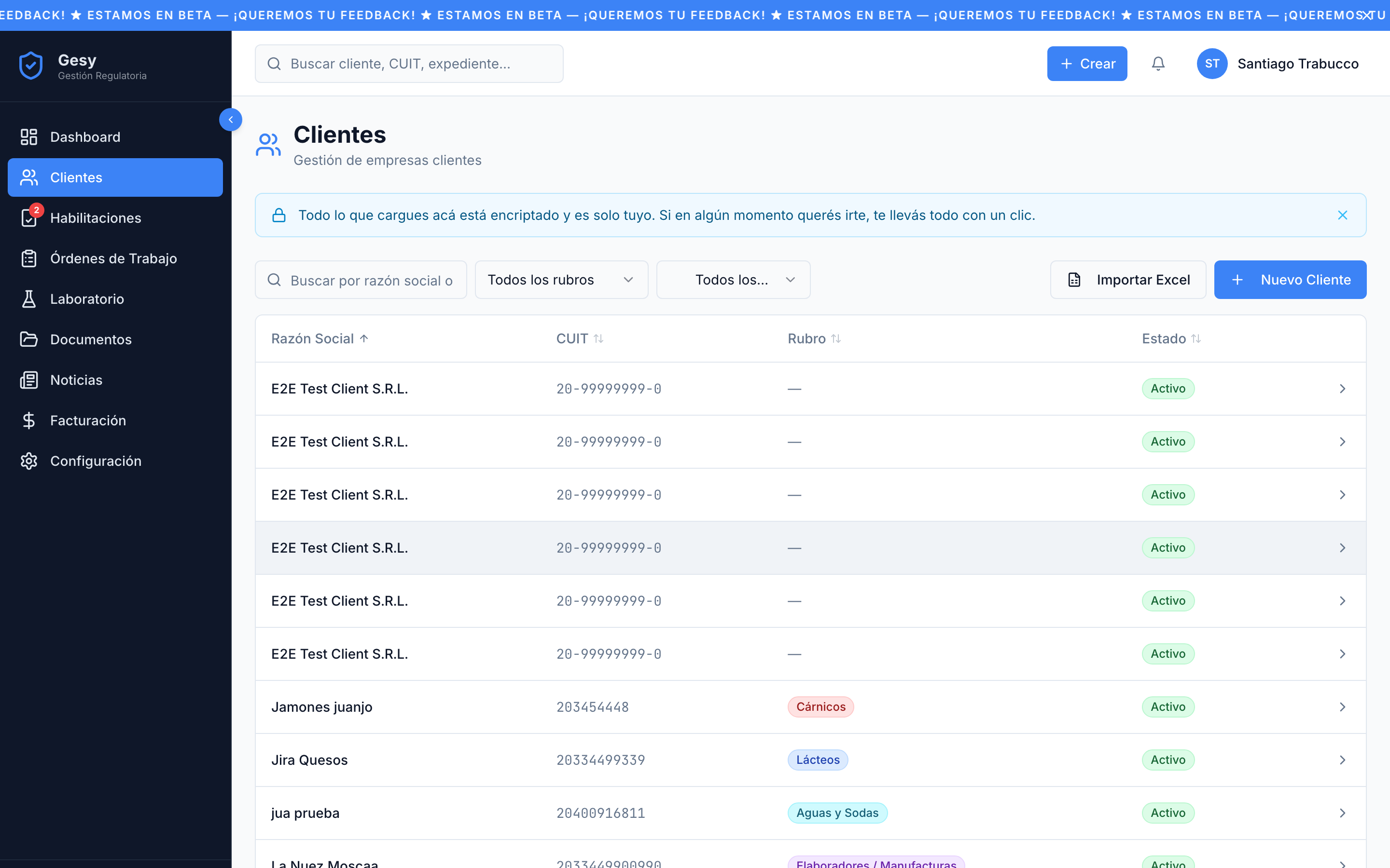Listado de clientes con rubros y estados
